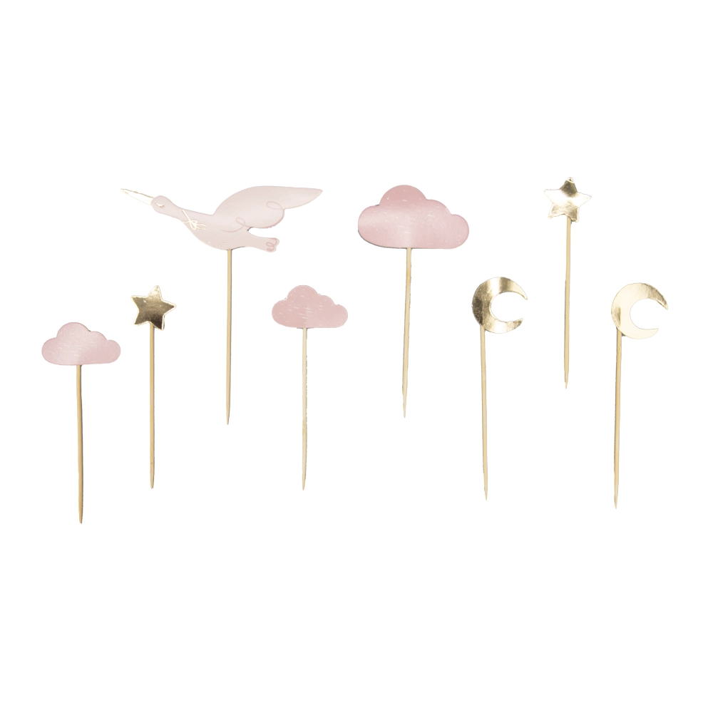 Dekopicker Storch, Sterne, Wölkchen, Mond in rosa und gold, 7 Stück